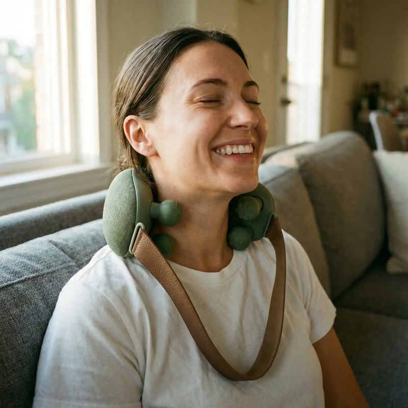 Woman using Neck.Buddy massager on sofa