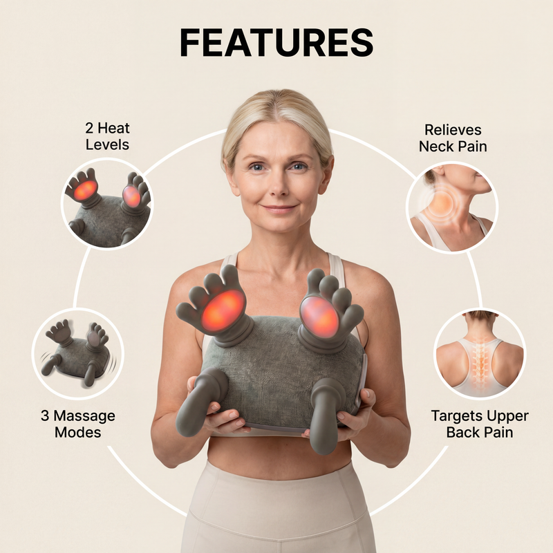 Neck.Buddy features overview - 4 key benefits, 2 heat levels, 3 massage modes